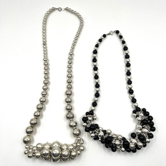 Vintage 80s Silver & Black Bead Cluster Statement Necklaces Marked Korea Costume - Picture 7 of 10